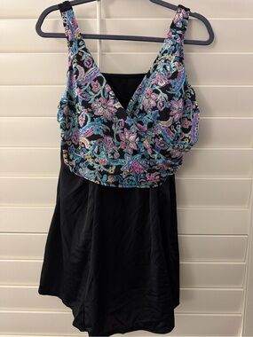 Black Swimdress with Blue & Pink Paisley Top - Women Swim